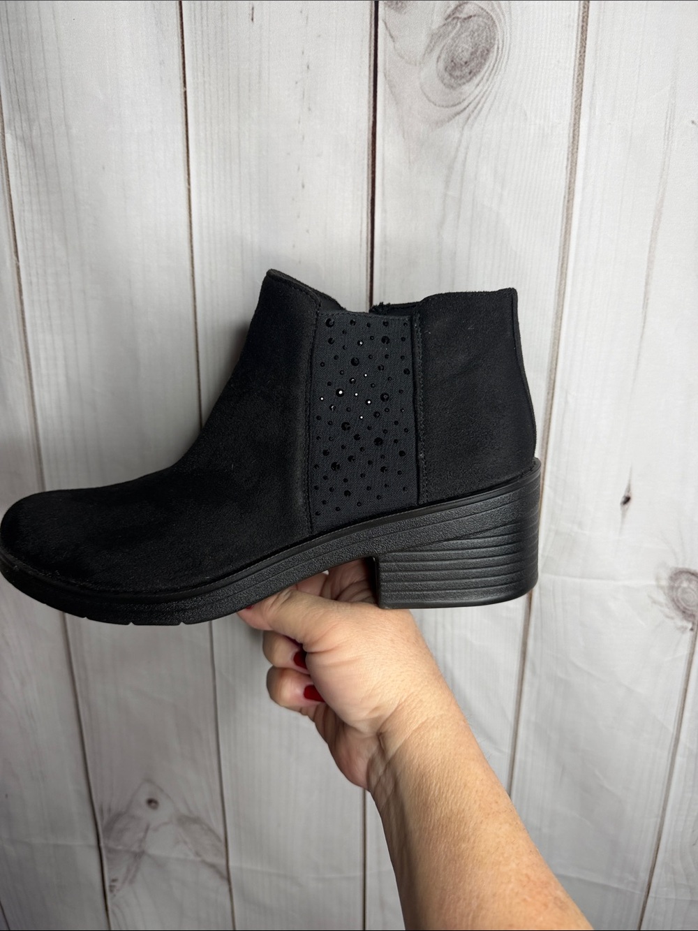 Bzees Black Suede Ankle Boot with Studded Side Panel 8.5
